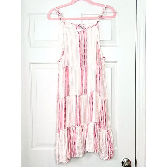 Raviya Pink White Stripe Sleeveless Tiered Boho Sundress Cover Up - Picture 2 of 7